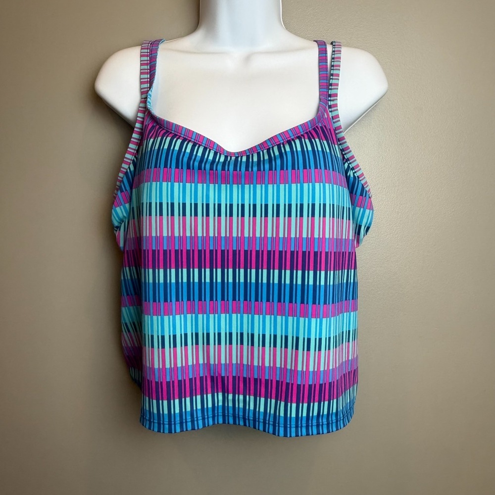 Preowned Women's XL Colorful Striped Tankini Swim Top Blue Pink Aqua